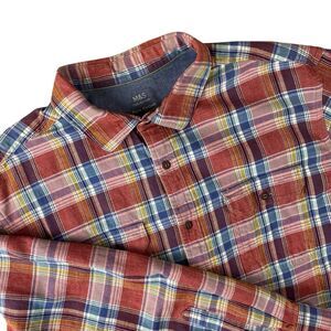 M&S Collection Men XL Plaid Flannel Shirt Red Blue Cotton Button Up Long Sleeve